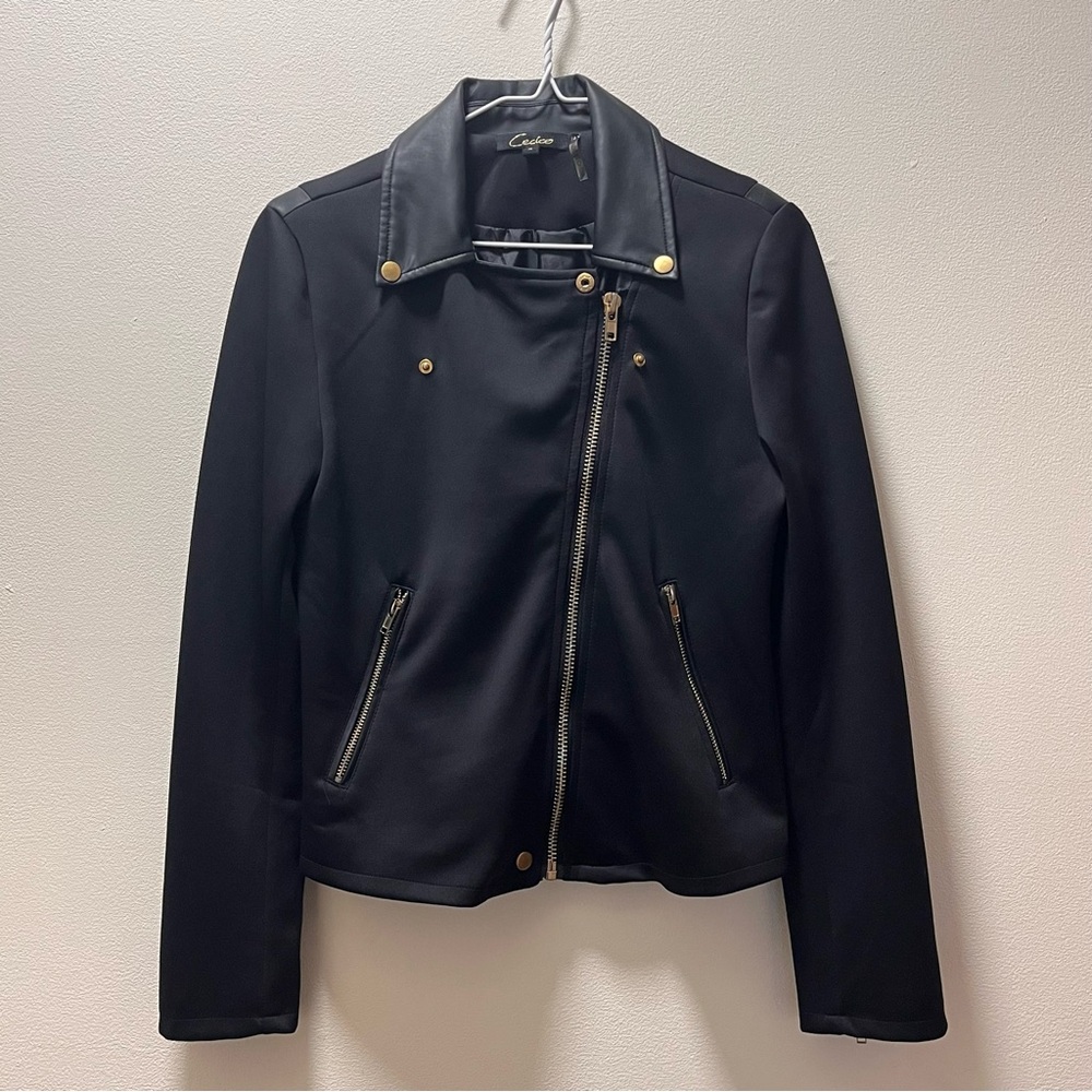 Cecico Edgy Chic Urban-Core Jacket, Sz Med, Black with Gold and Faux Fur Details - Picture 1 of 6